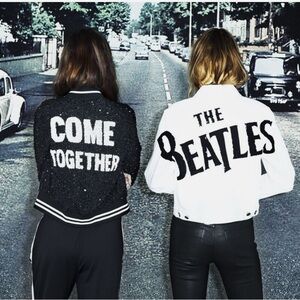 Alice + Olivia x The Beatles Lonnie Embellished Silk Bomber Jacket Size XS